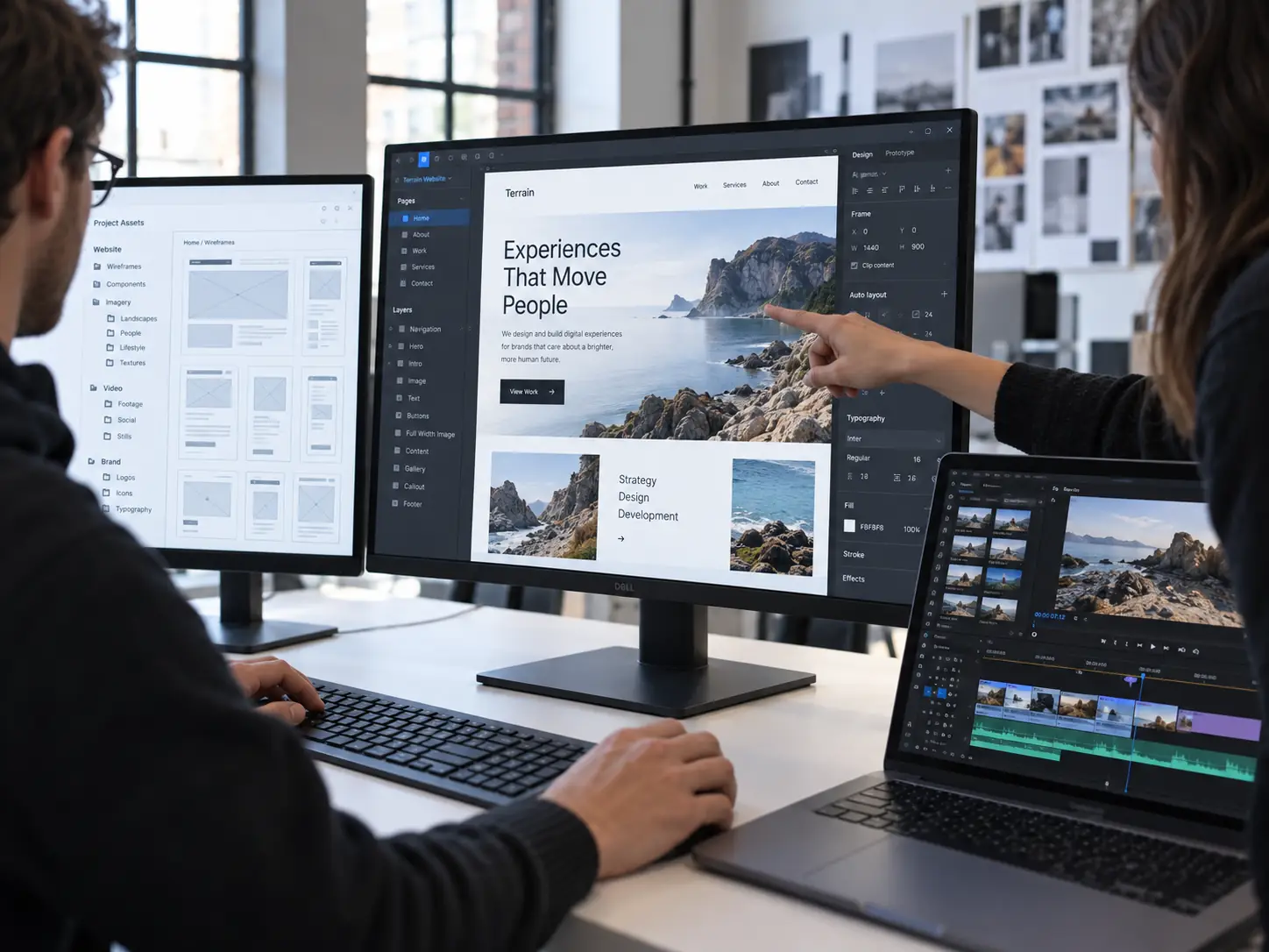 Diseño de un sitio web en pantalla junto al montaje de video