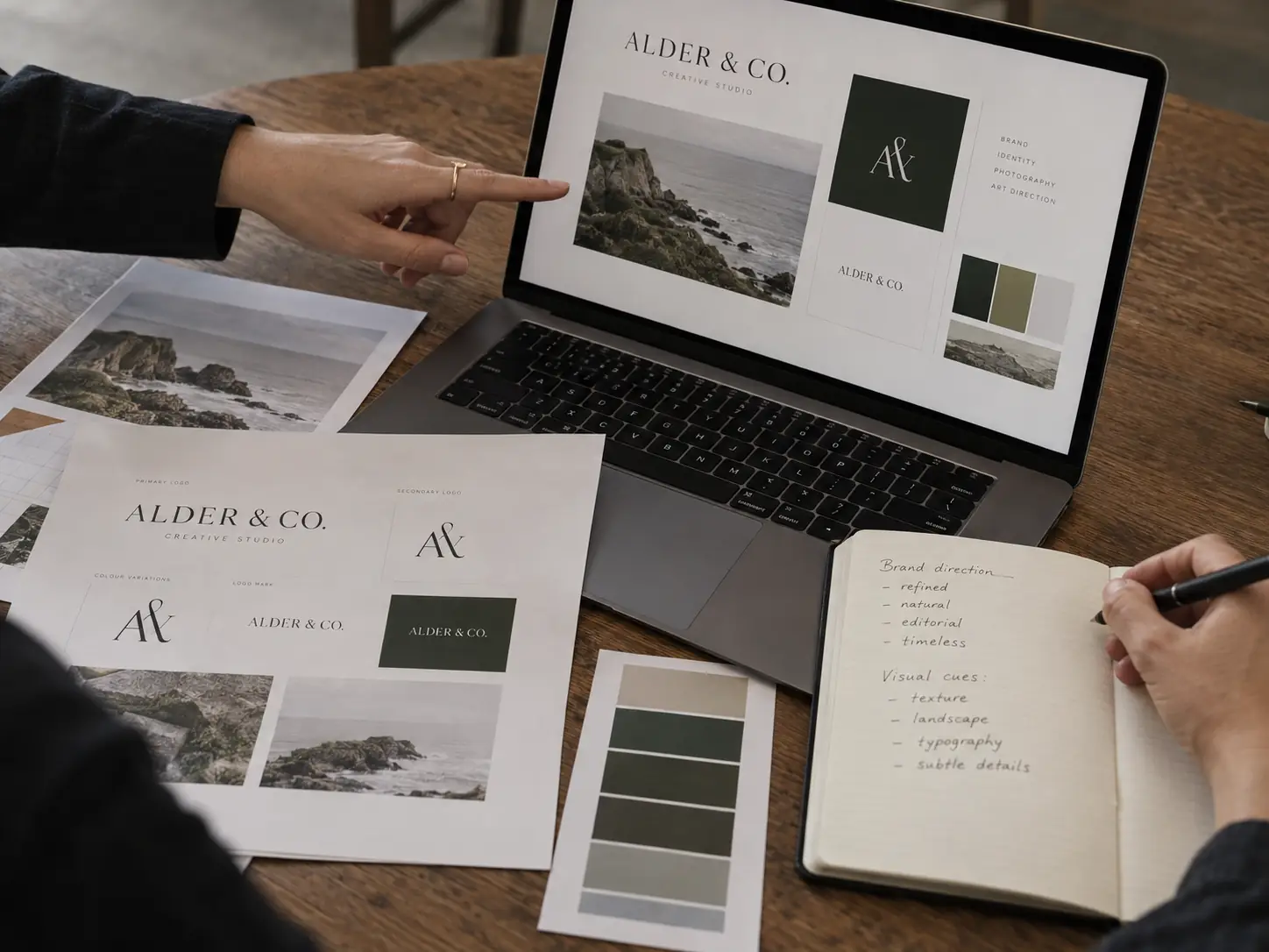 Presentación de identidad de marca con muestras impresas
