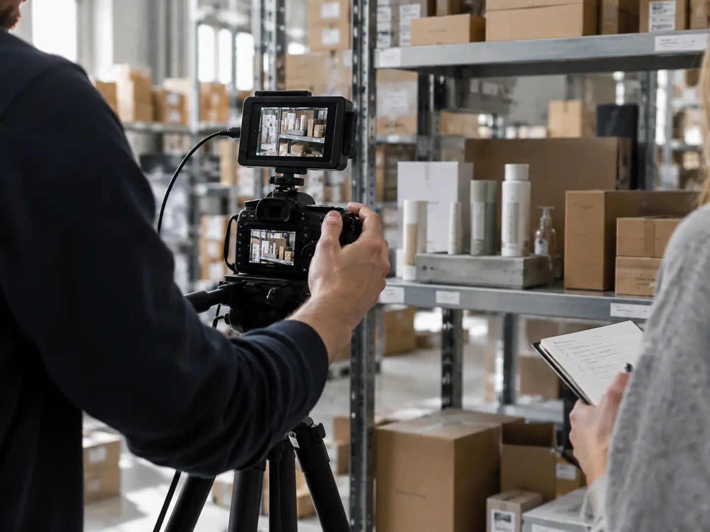 Rodaje de contenido en el depósito de una tienda online