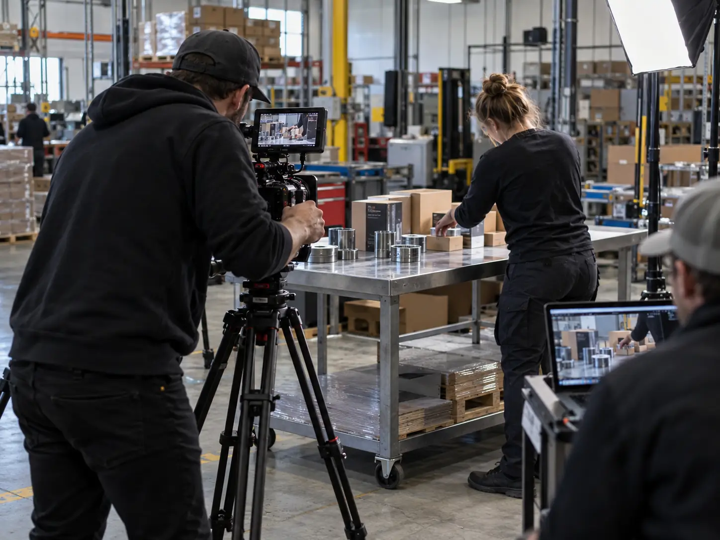 Equipo grabando contenido en el depósito de una fábrica