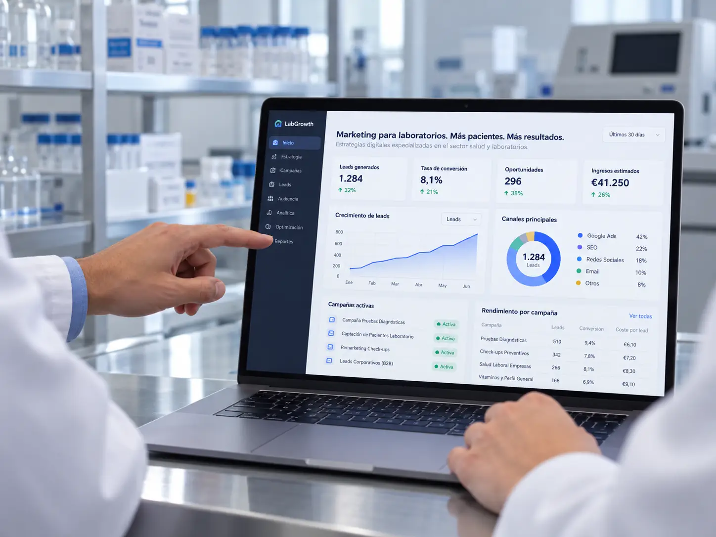 Tablero de marketing para laboratorios con pacientes y resultados