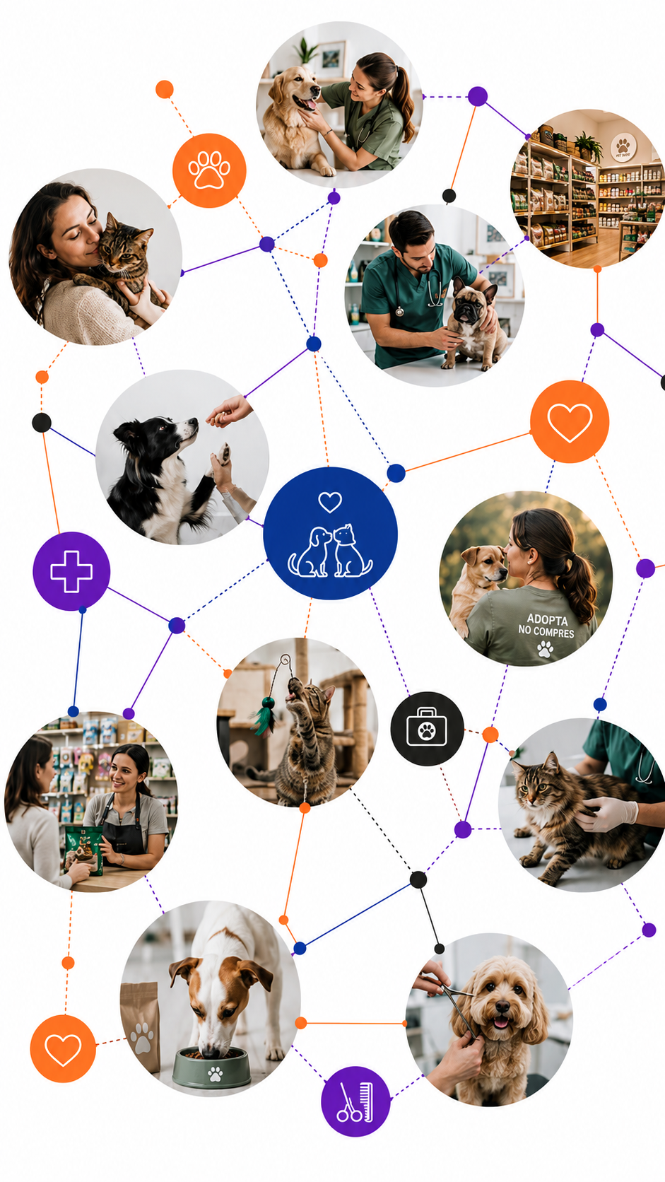 Ecosistema visual veterinario con mascotas, cuidado animal y comunicación estratégica