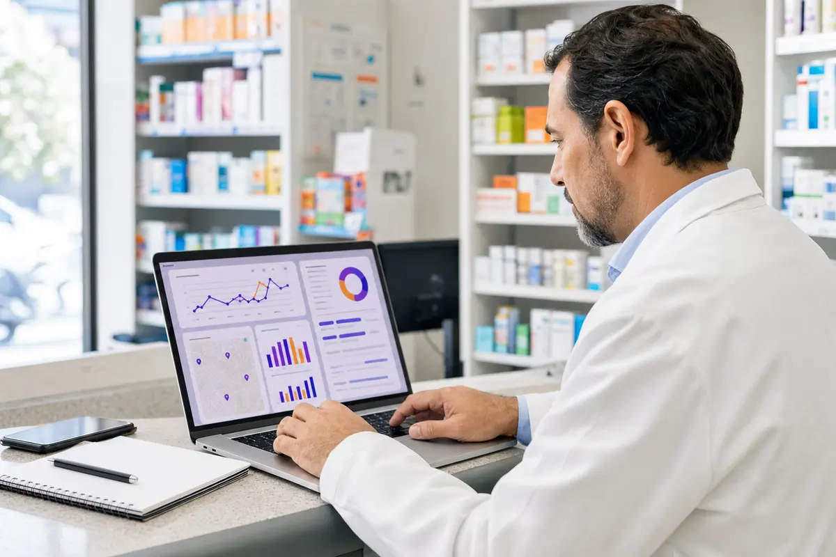 Farmacéutico revisando métricas de crecimiento en una notebook